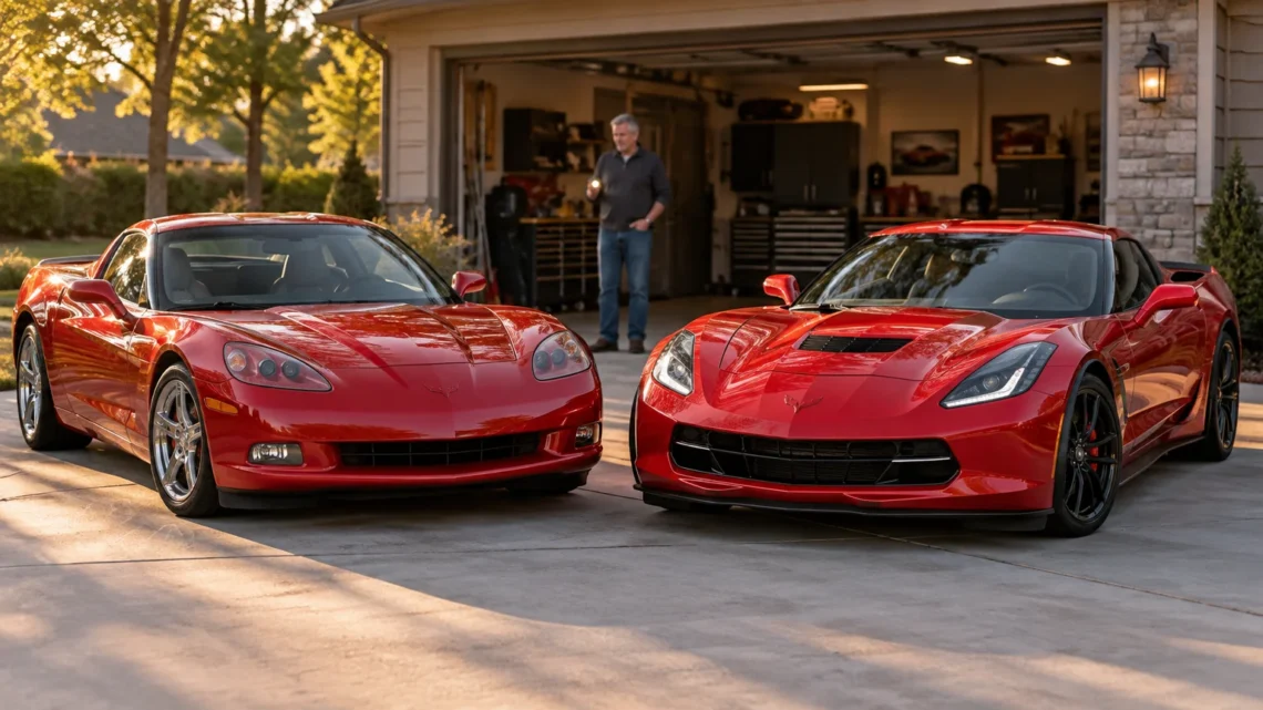 Two red Chevrolet Corvette sports cars, an older C6 on the left and a newer C7 on the right, parked in front of an open residential garage at sunset, with a man standing behind them.