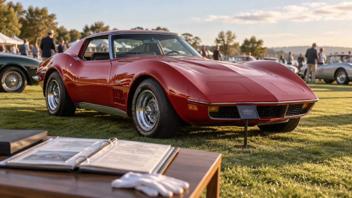 Red classic Chevrolet Corvette displayed on grass at an outdoor car show, with a small placard in front and an open documentation binder on a nearby table in the foreground.