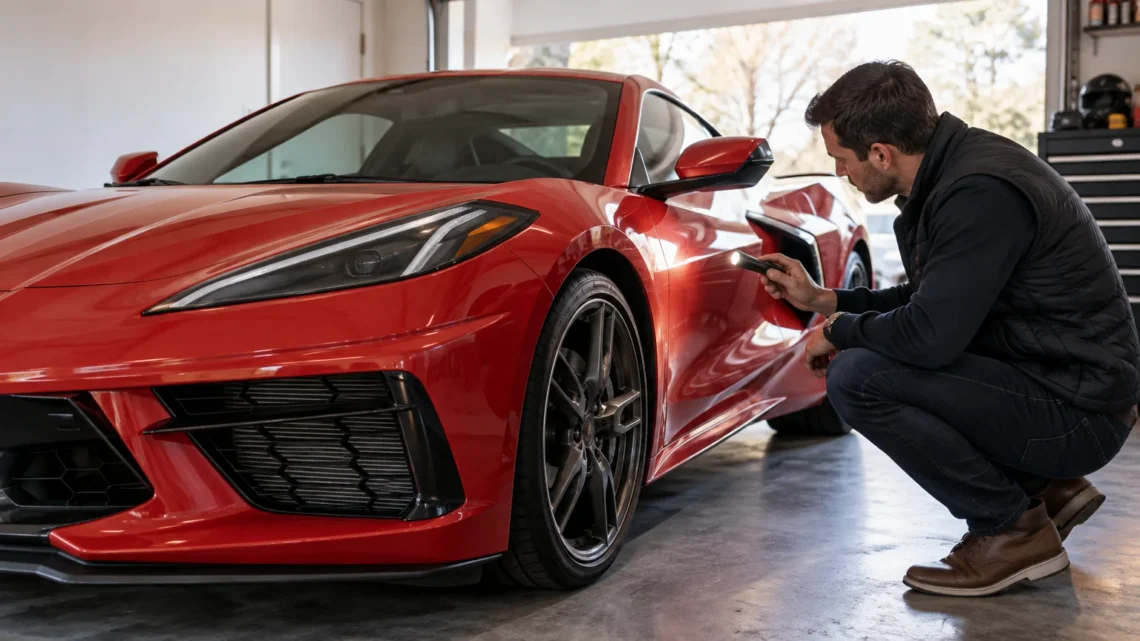 Man crouches beside a red sports car in a garage, shining a handheld light along the front fender and door panel during a paint inspection.