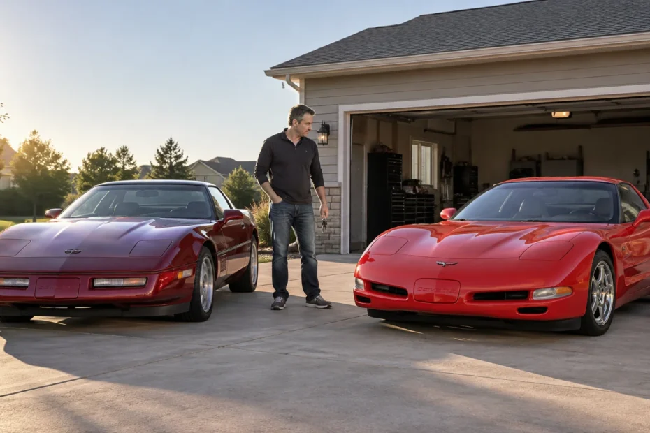 A man stands between a burgundy fourth-generation Corvette and a red fifth-generation Corvette in a suburban driveway at sunset, with an open garage behind them and a small duffel bag beside the newer car.
