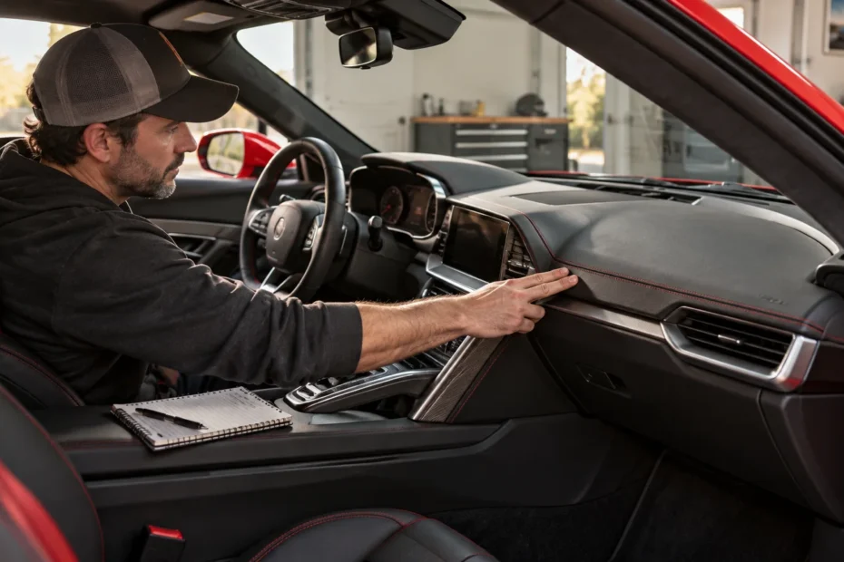 Man in a cap seated in a red sports car in a garage, pressing the passenger-side dashboard while a notebook and pen rest on the center console.