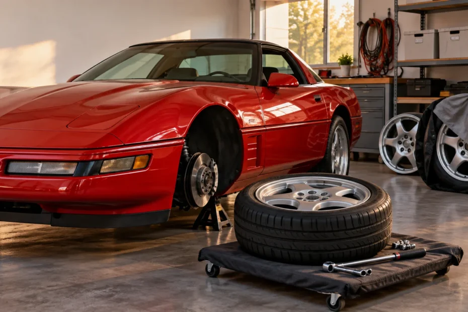 Red Corvette-style sports car on a jack in a sunlit garage with one front wheel removed, replacement wheels nearby, and hand tools on a rolling mat.