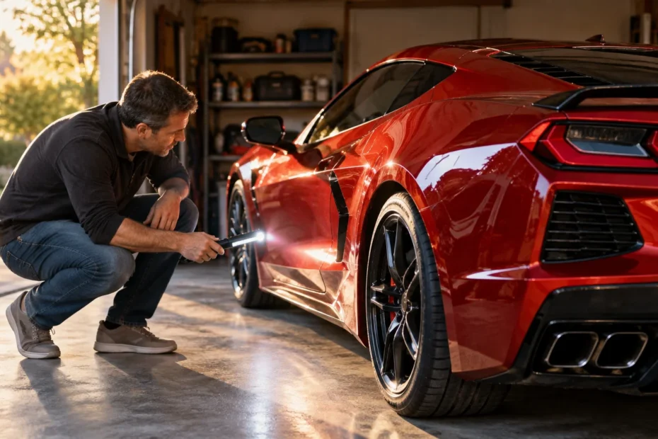 A man crouches beside a glossy red sports car in an open garage, shining a handheld light along the rear side panel and wheel arch in late-afternoon sunlight.